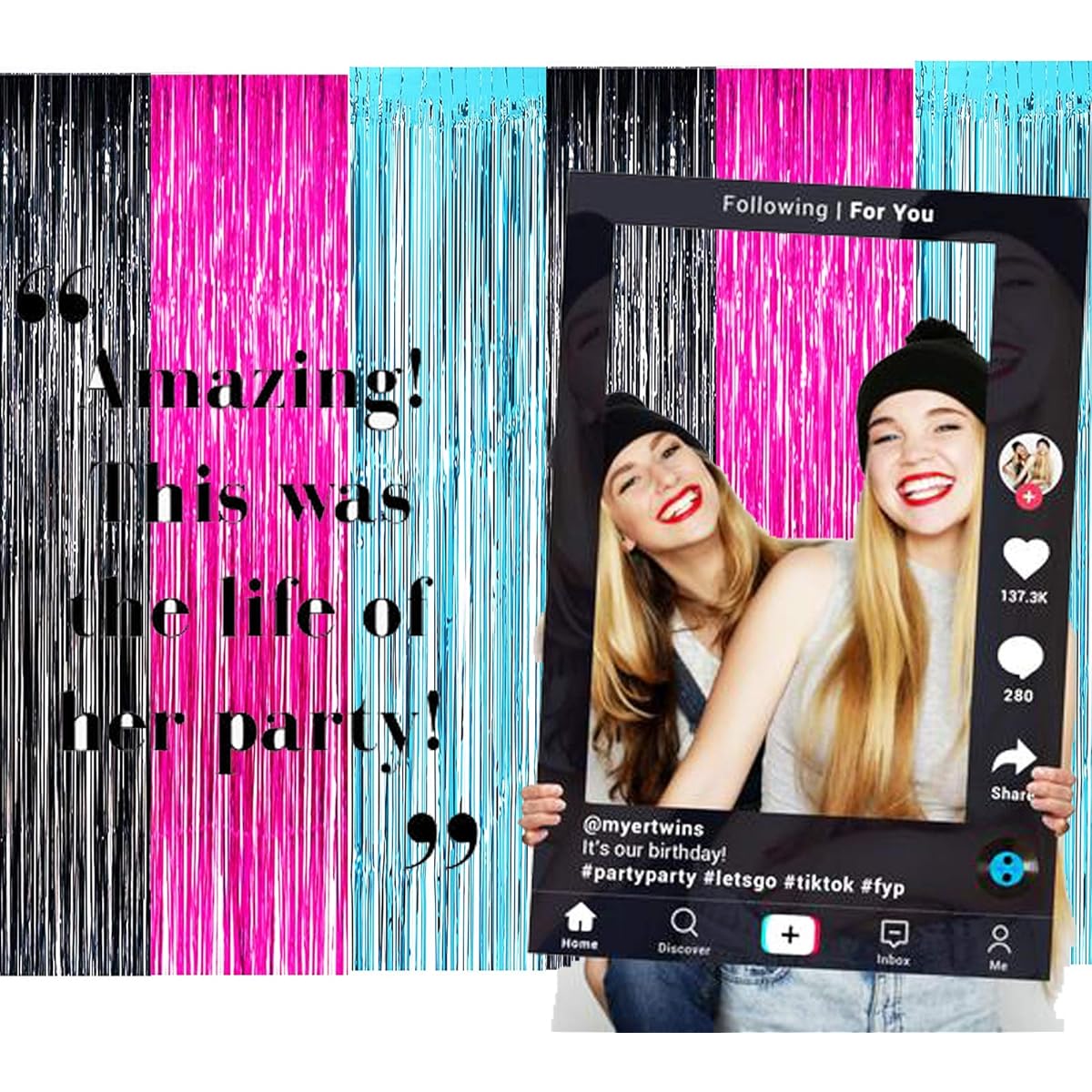 TIK Tok Birthday Decorations Tiktok Photo Booth Props Background Backdrop for Tiktok Party TIK Tok Party Decorations Fuchsia Black Teal 6pcs Fringe Foil Curtains for TIK Tok Party
