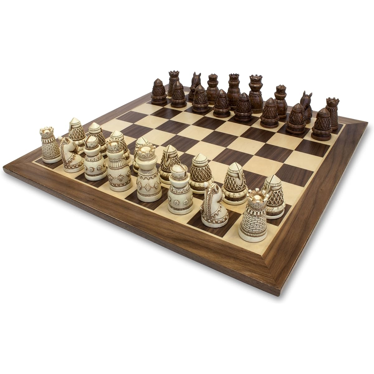 WE Games Medieval Chess Set - Polystone Pieces with Distressed Wooden Board 15 in.