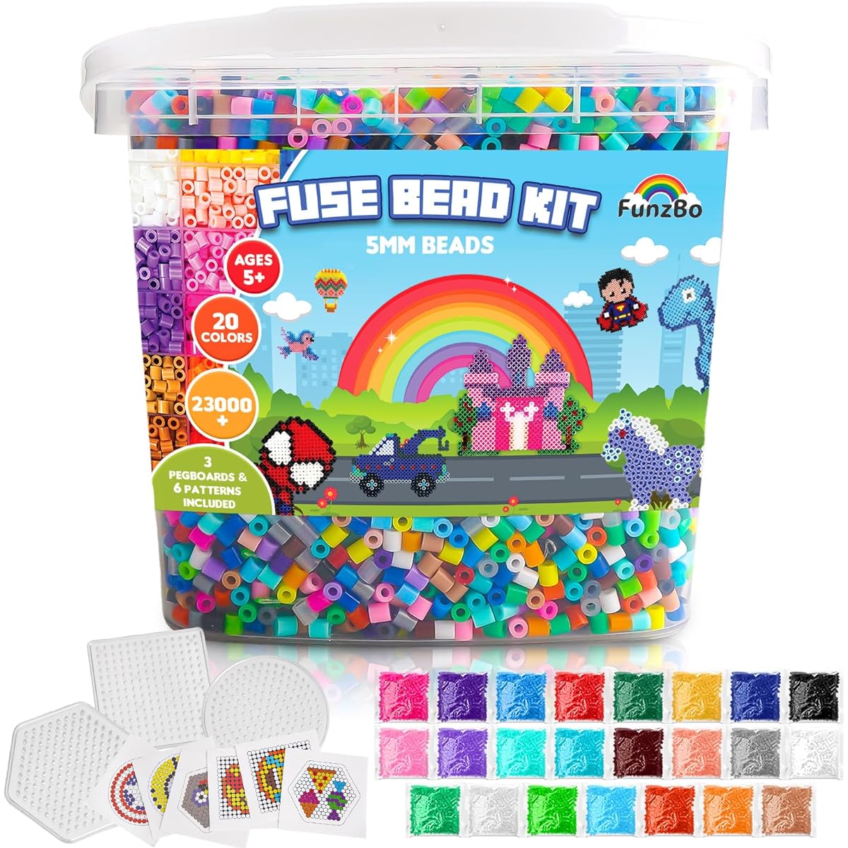 FUNZBO 23000+ 5mm Fuse Bead Kit - 20 Colors Refill Set, 3 Pegboards & 6 Patterns, Arts & Crafts Projects, Toys for Kids/Teens/Adults, Gifts for Girls & Boys Ages 5+