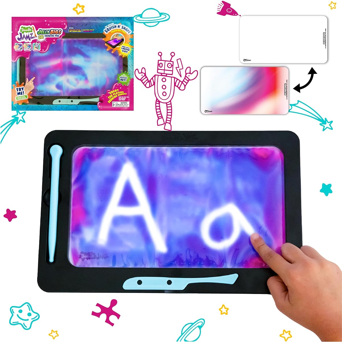 DoodleJamz JellyBIGs Jumbo Sensory Gel Drawing Pad with Double Squishy Gel, Mess-Free, Non-Toxic, Travel-Friendly, Unleash Larger-than-Life Artistic Creations! (Pink on Blue Gel)