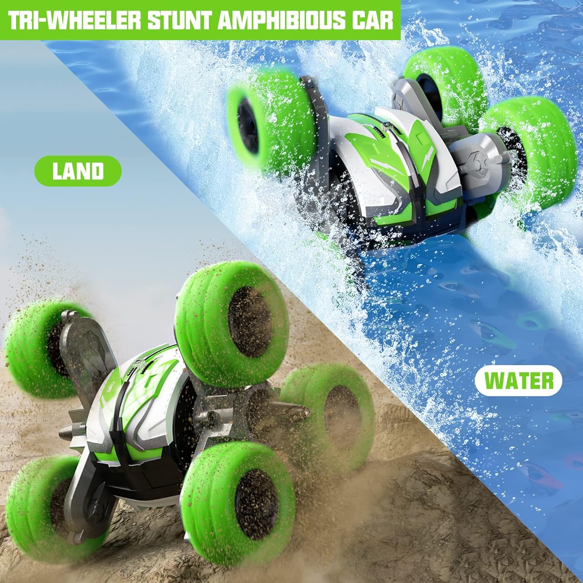 28℃ Remote Control Car Waterproof RC Stunt Car Amphibious Car Double Sided Driving 360 Degree Flip Rotation Car Toy Birthday Gift for Boys Girls Ages 6+ (Green Car)