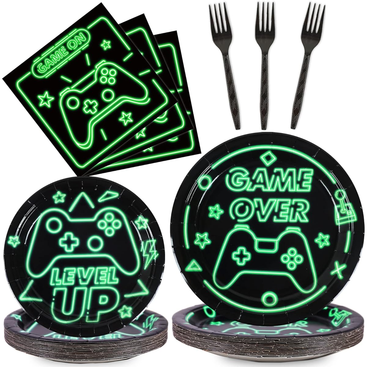 Video Game Party Supplies Gamer Game Party Paper Plate Napkins Boys Kids Birthday Party Decoration Video Game Tableware Set Game Level Up Game Over Paper Plate Napkin Fork for 24 People
