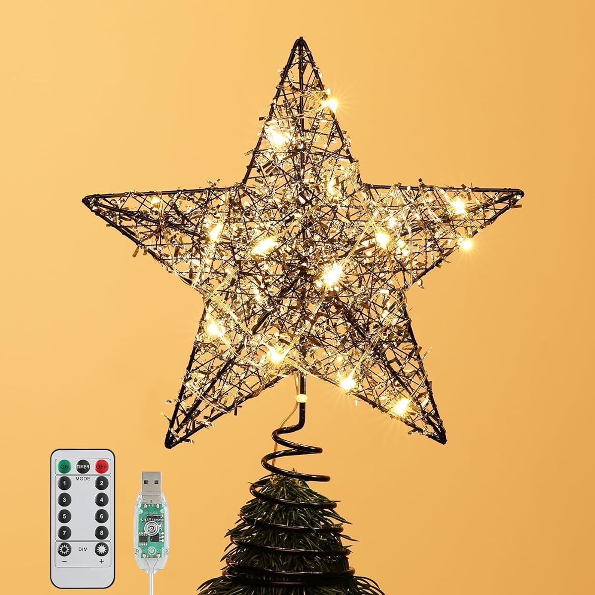 Roylvan Star Tree Topper, Battery Operated Christmas Star Tree Top Decorative Lights with Timer, 20 LED Lights with Silver Strip, Christmas Metal Wire Tree Top Ornaments, Home Decor for Indoor Outdoor, Black