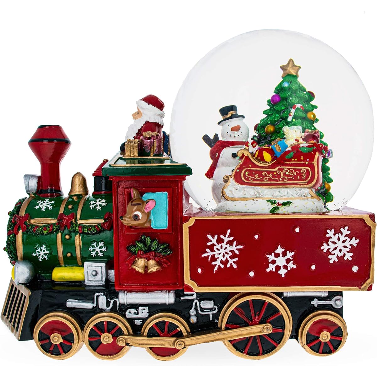 Santa, snowmen and reindeer deliver the tree on a train Musical Water Globe