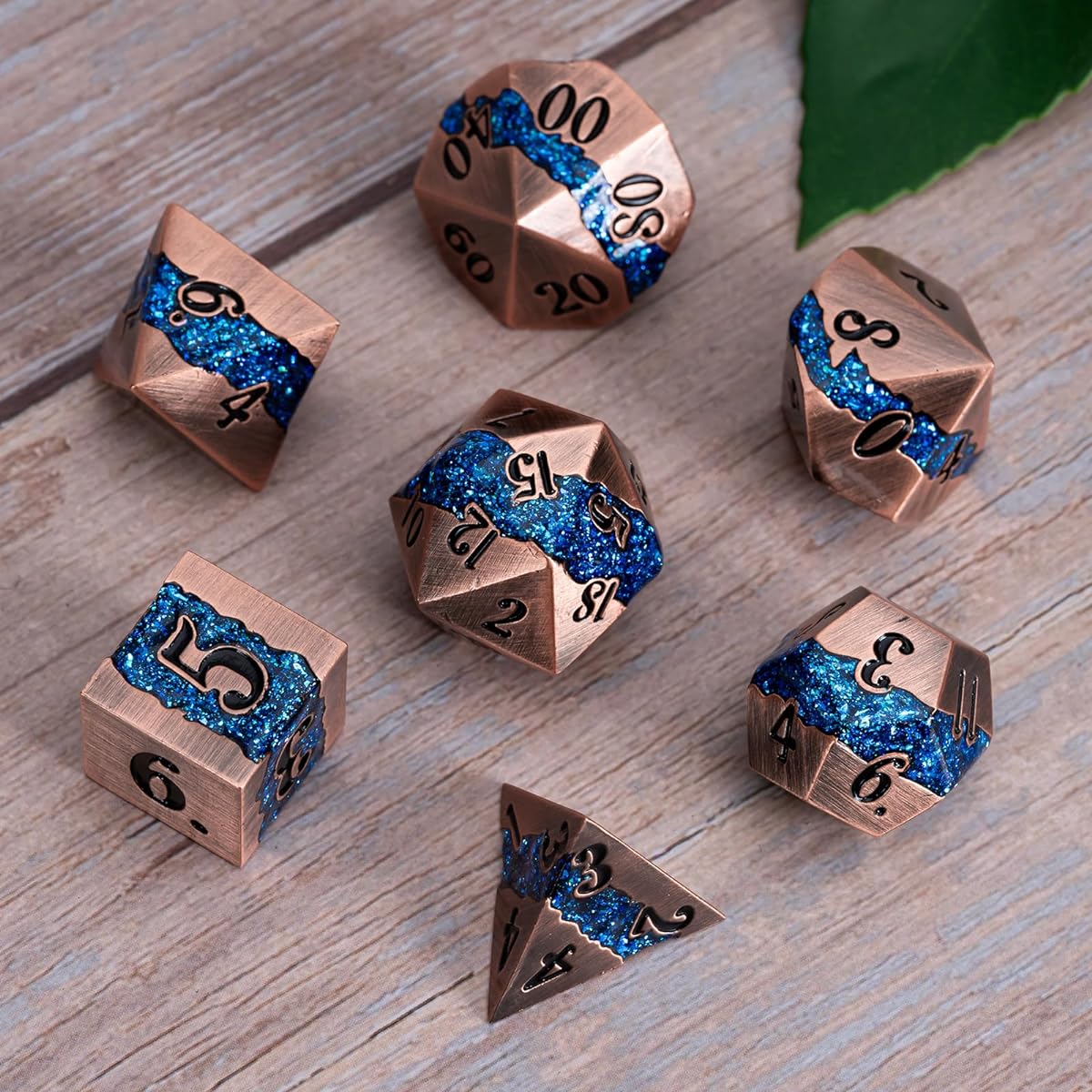 Metal DND Polyhedral Dice, Large Striped Glitter Metallic Dice Set, Set of 7 Antique Silver Dice for Role Playing Games (Antique Copper Blue)