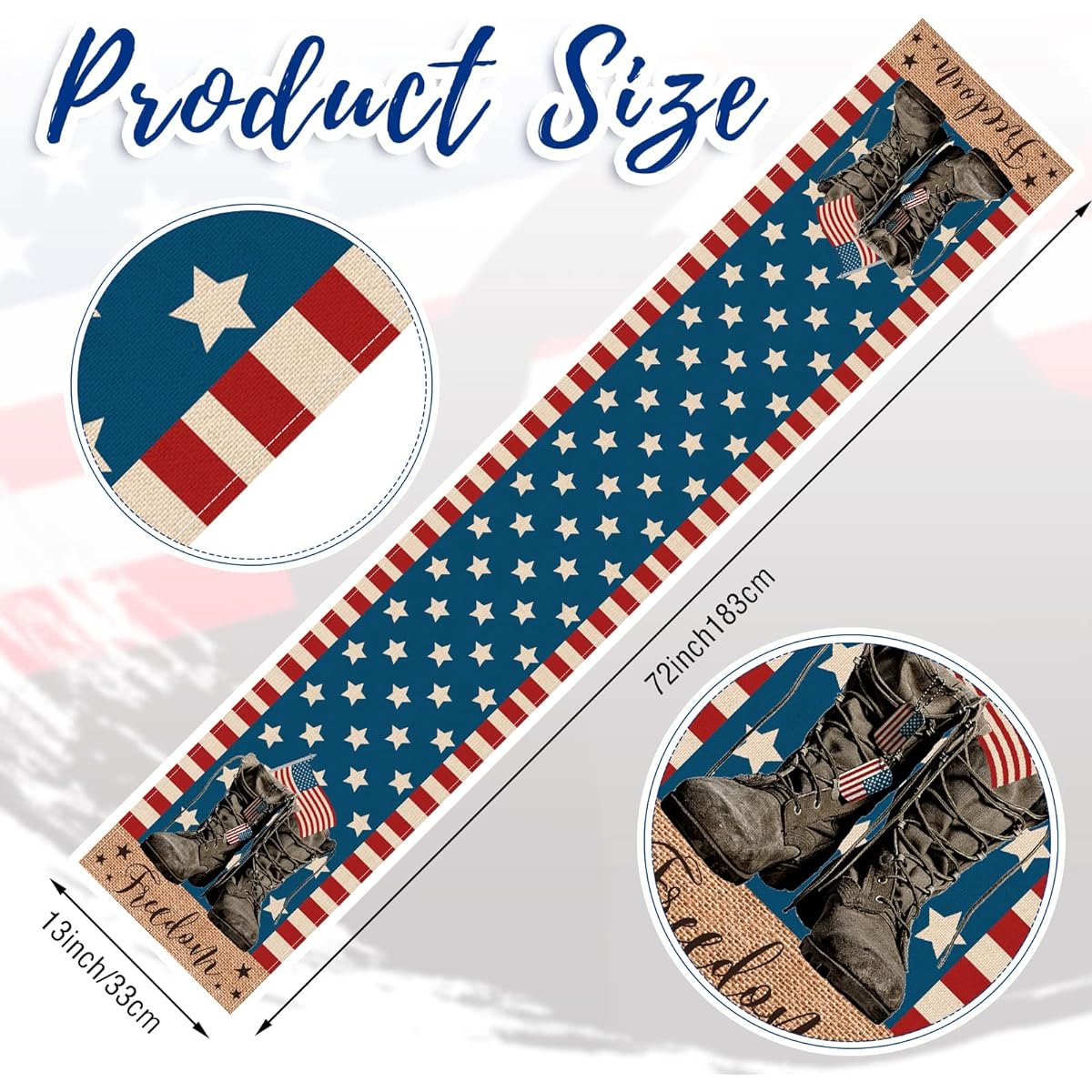 4th of July American Soldier Boots Patriotic Table Runner Stars and Stripes Freedom Memorial Day Table Runner Independence Day Holiday Kitchen Dining Table Decor Summer USA Party Supplies 13 x 72 Inch