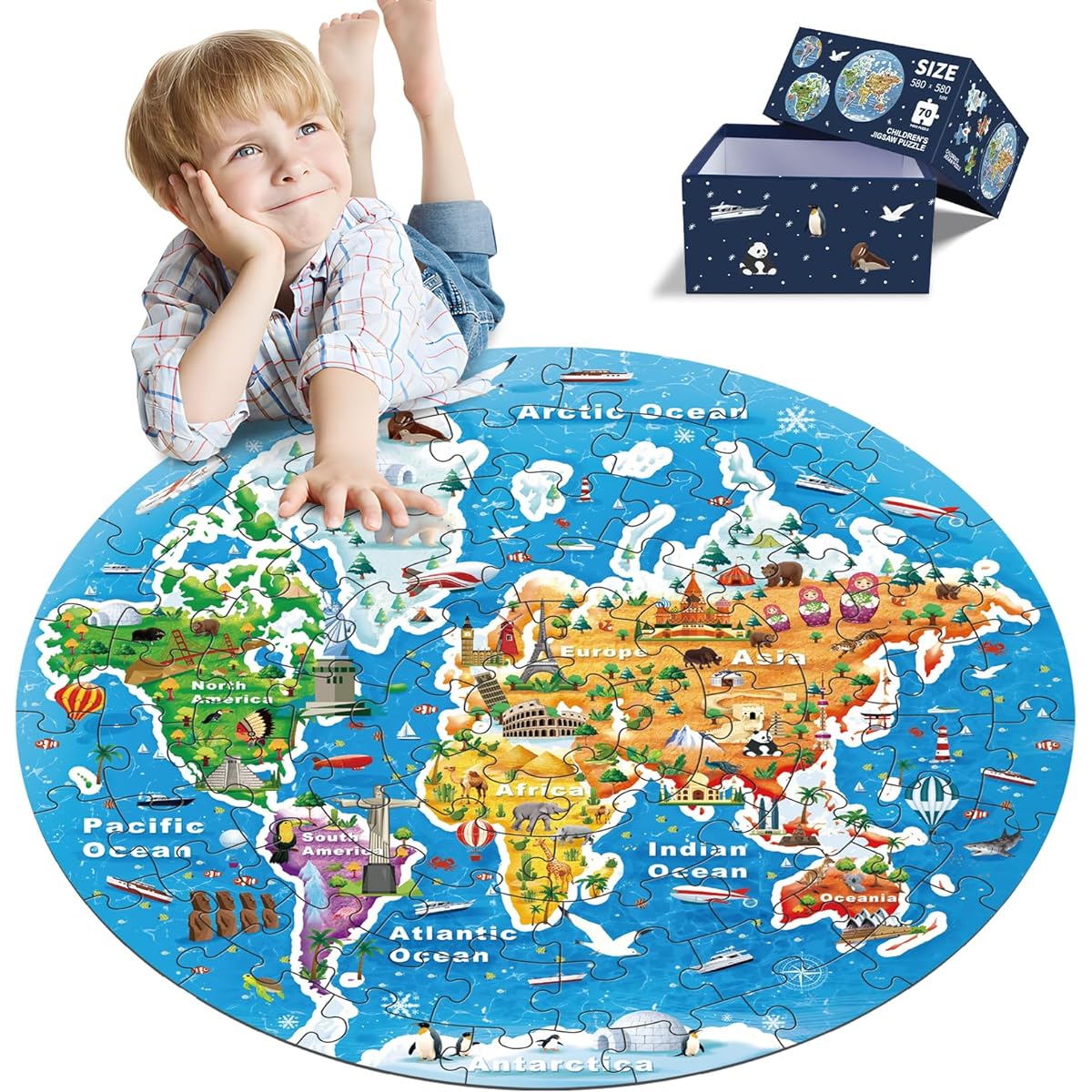World Map Round Jigsaw Puzzle for Kids Geography Floor Puzzle Large 70 Piece Puzzle for Toddlers 3-5 Years Old Preschool Learning Education Christmas Birthday Gift for 4-8 Years Old Boys Girls