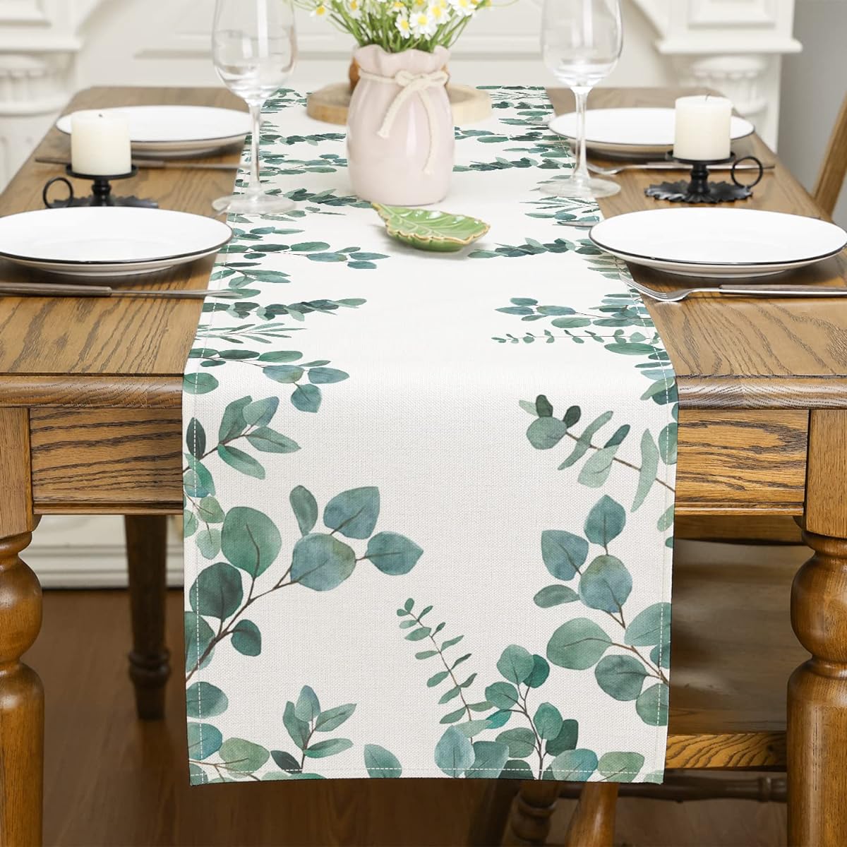 Siilues Spring Summer Table Runner Spring Summer Decor Eucalyptus Leaf Green Table Runner Seasonal Spring Summer Burlap Runner Holiday Decor Indoor Outdoor Dining Table Decor (13" x 72")