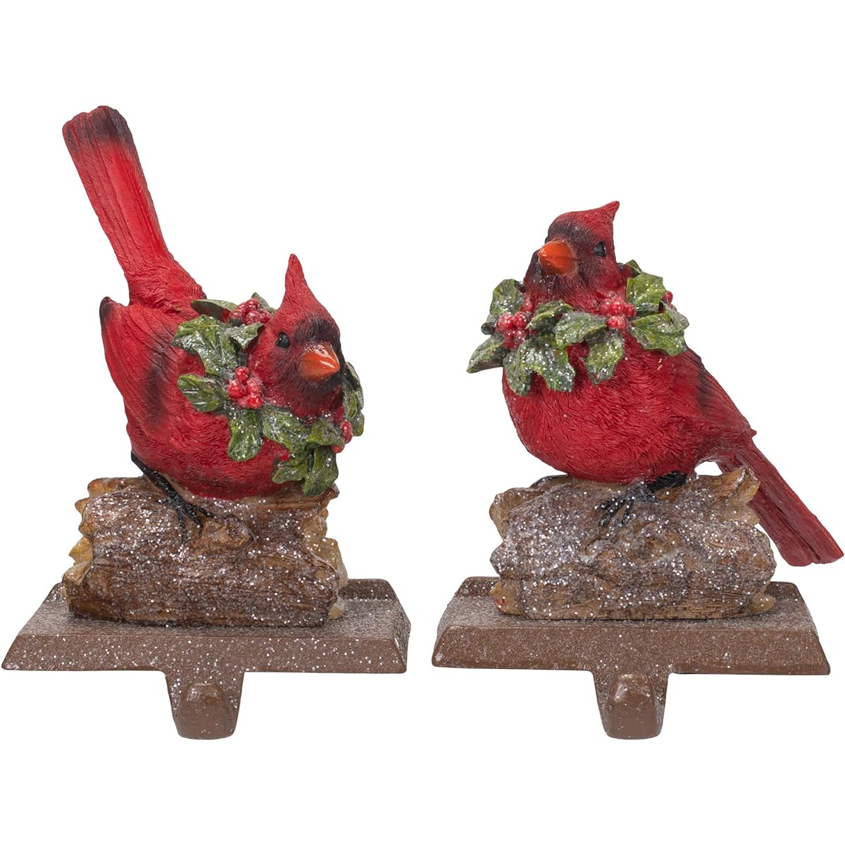 Regency International Festive Red Cardinal on Log 7 Inch Resin Decorative Stocking Holders Set of 2