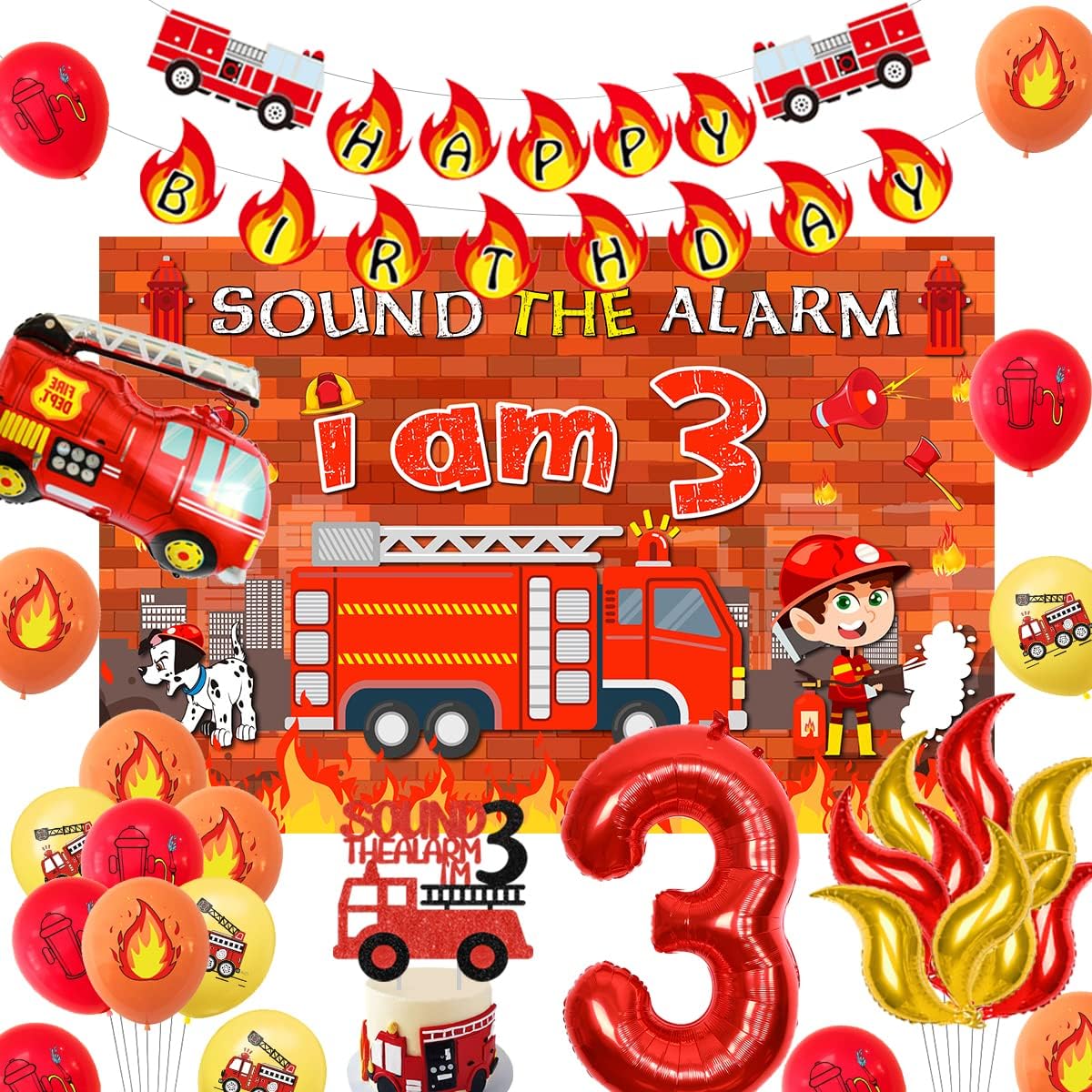 Fire Truck 3rd Birthday Decorations Sound the Alarm I Am 3 Birthday Decorations Sound the Alarm I Am Happy Birthday Banner Backdrop Cake Topper Fireman Birthday Decorations 3rd Birthday Supplies