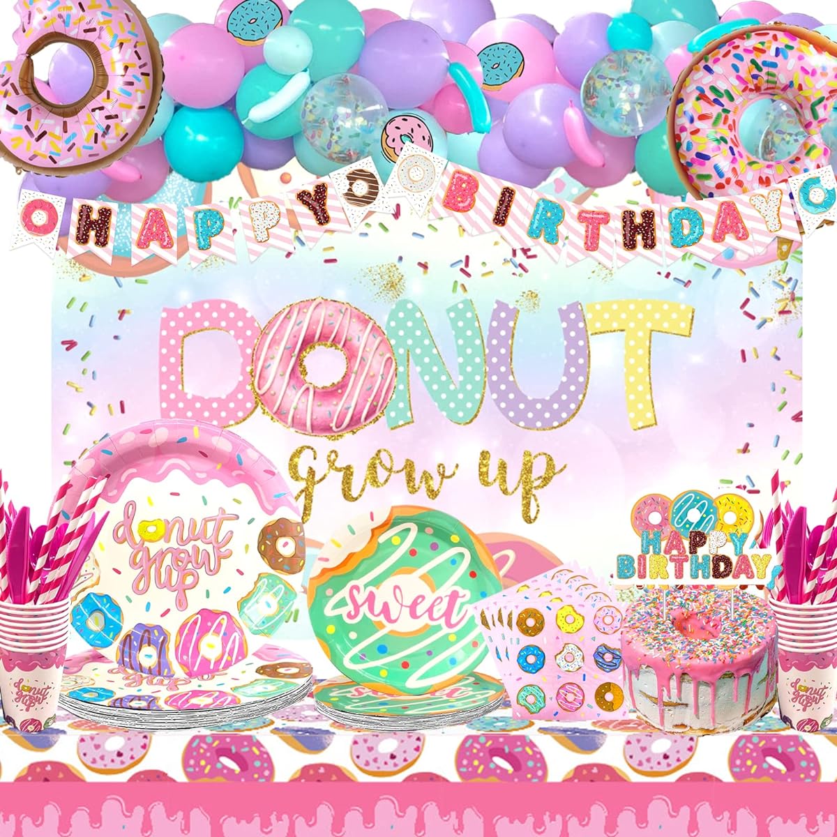 Hombae Donut Themed Party Supplies, 196 Pieces Donut Growing Up Birthday Party Supplies Decorations Girl Backdrop Balloons Garland Banner Tablecloth Cake Topper Plates Napkins Cups Straws Knives Forks Spoons