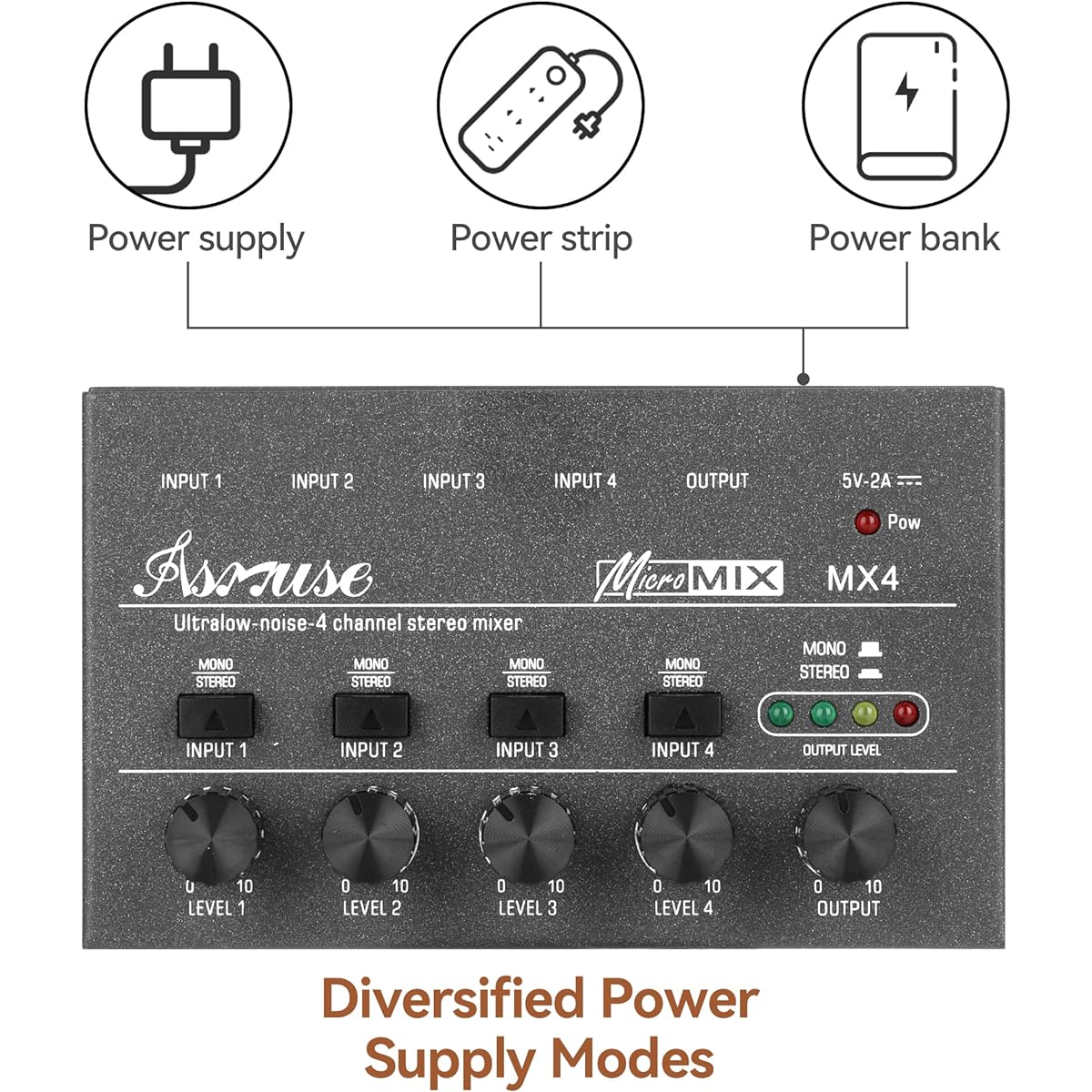 Asmuse 4 Channel Audio Mixer, Low Noise Mini Stereo Line Mixer, DC 5V Power Mixer, Guitar, Microphone, Keyboard Mixer.
