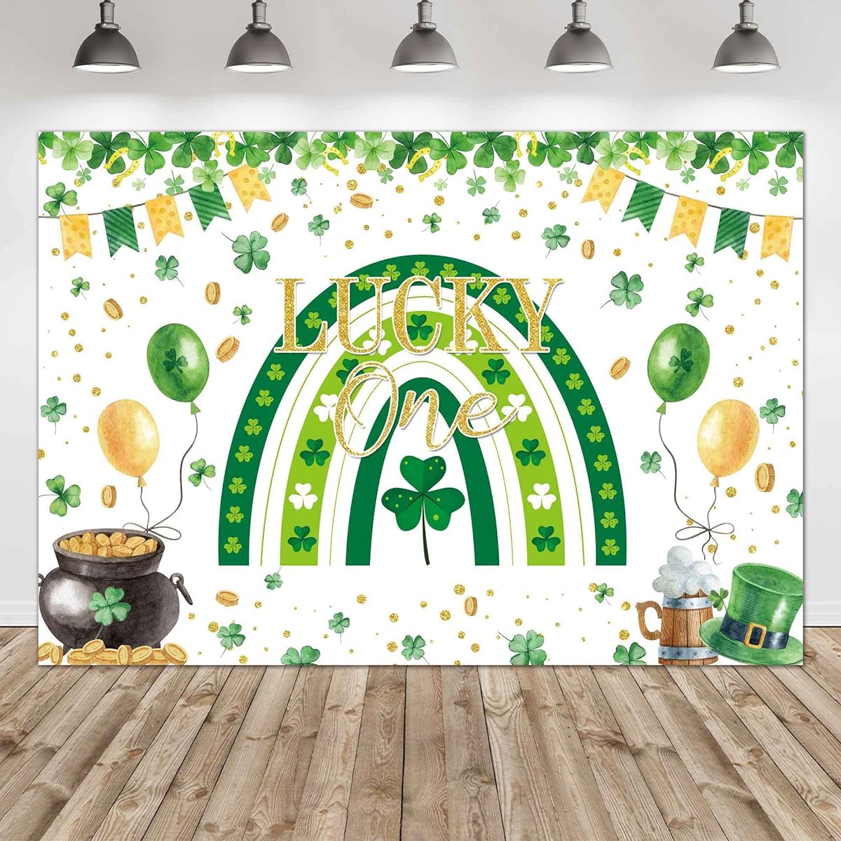 Felortte 5x3ft Polyester Shamrock Green Clover Rainbow Lucky One Backdrop Happy St Patrick's Day 1st Birthday Photography Background Irish Festival Party Decorations Banner Photo Booth Props