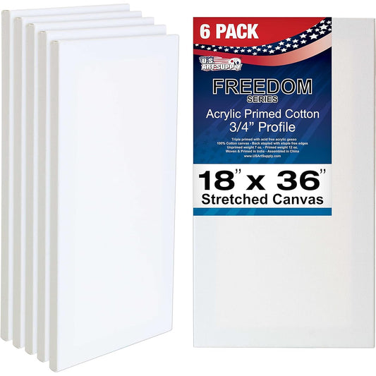 U.S. Art Supply 18 x 36" Stretched Canvas 12oz Triple Prime 6 Pack Professional Artist Quality White Blank 3/4" Profile 100% Cotton Heavy Weight Gesso Acrylic Pouring Oil Painting