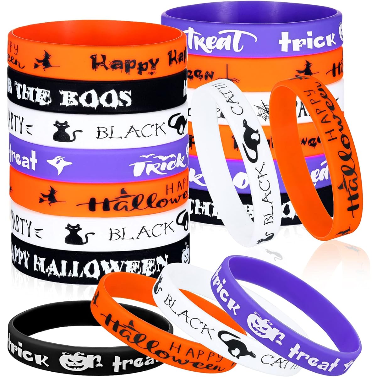 36 Pieces Halloween Silicone Wristbands Happy Halloween Trick or Treat Black Cat Wristband Pumpkin Witch Bracelets Colorful Party Wristbands for Halloween Party Favors