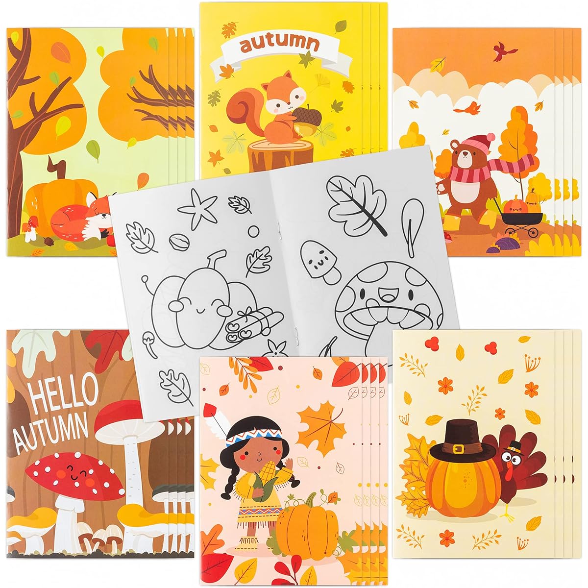 MALLMALL6 Fall Coloring Book with Squirrel Owl Hedgehog Mushroom Pumpkin DIY Art Drawing Patterns Birthday Party Favors Gifts for Home School Classroom Activity Supplies for Kids Ages 4-8