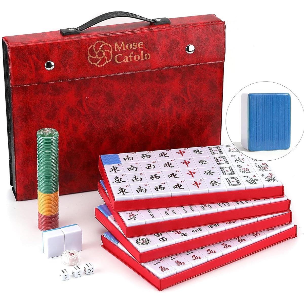 Mose Cafolo Professional Chinese Mahjong Game Set, 146 Numbered Melamine Large Blue Tiles with Carrying Travel Case, English Instructions, Mahjong Set (Mahjong, Maj Jongg, Ma Jong)