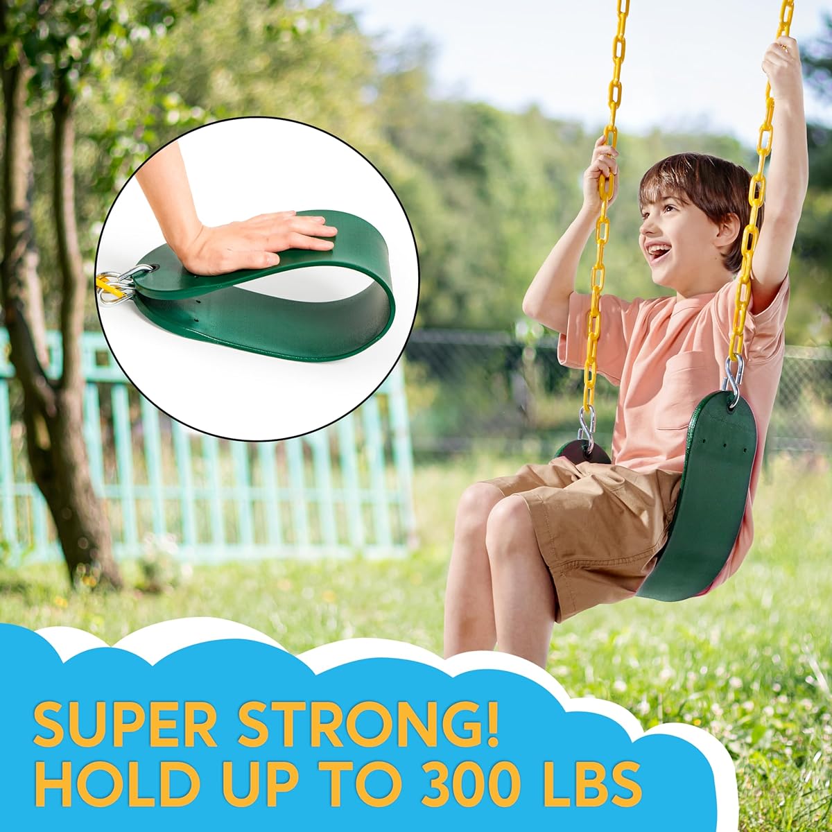 TURFEE 3 Pack Green Swing Seats Heavy Duty with 66" Chain, Swing Set Accessories Replacement with Snap Hooks for Kids Outdoor Play Playground, Trees, Swing Set, Backyard (Limit 250lb)