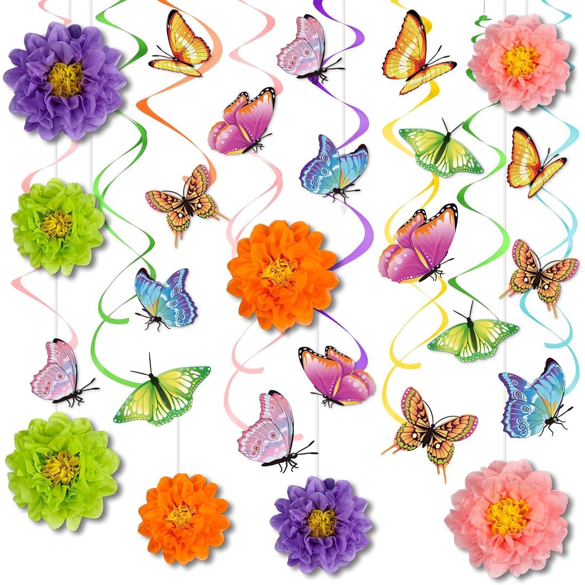 Pasimy 62pcs Spring Hanging Decorations Flower Butterfly Hanging Vortex Butterfly Cutouts 3D Paper Flowers Spring Ceiling Streamer Birthday Party Decoration Baby Shower Wedding Supplies Favors