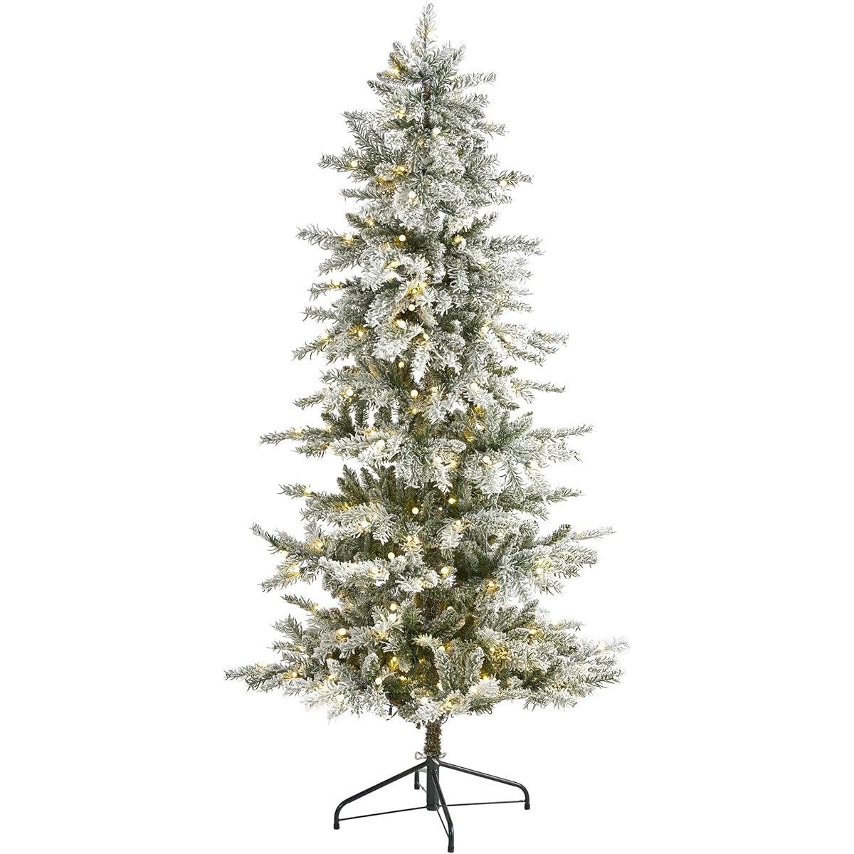 Nearly Natural 6.5' Slim Flocked Nova Scotia Spruce Artificial Christmas Tree with 300 Warm White LED Lights