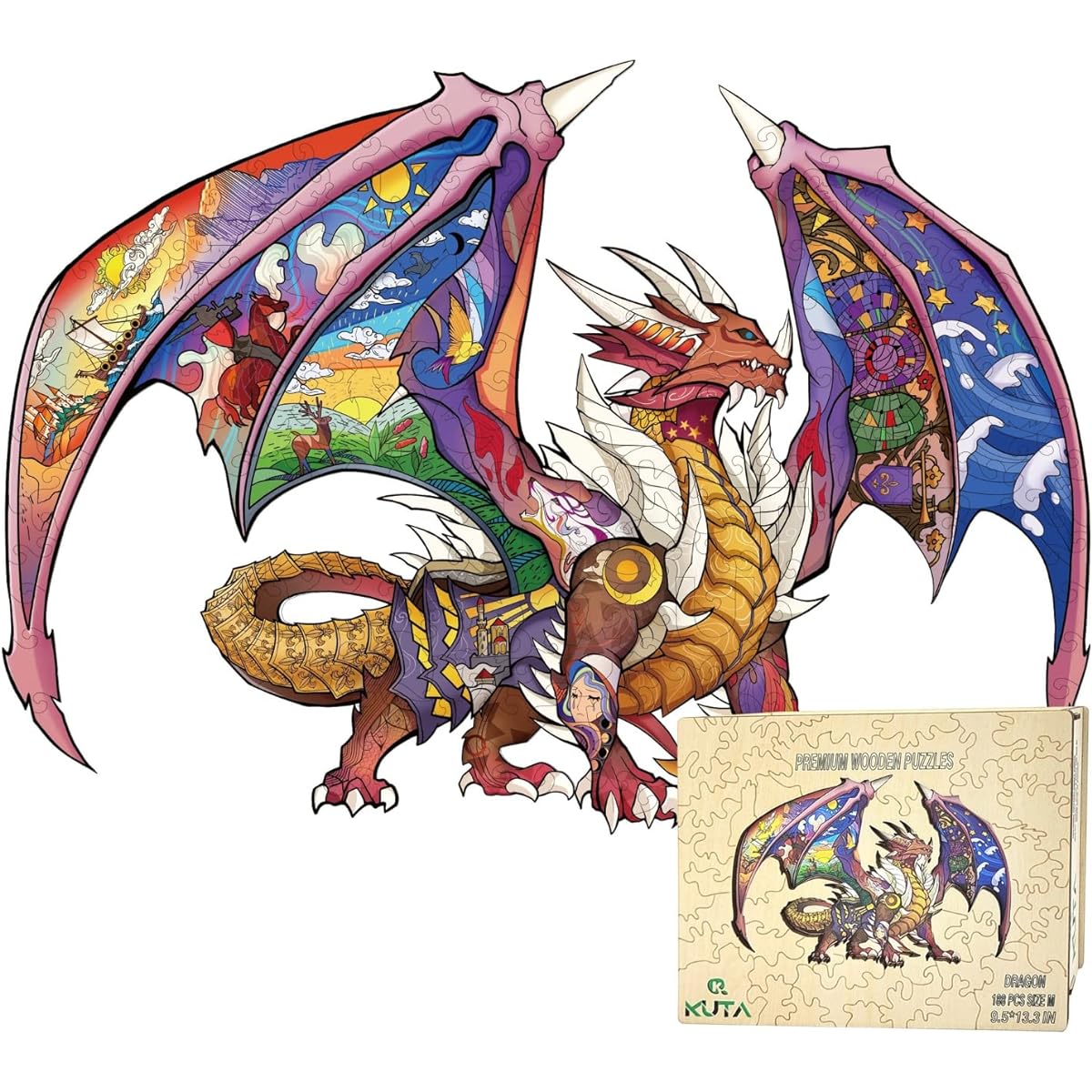 KUTA Wooden Jigsaw Puzzle, Unique Animal Shape Pieces with Decoration Kit, 25.4x35.8cm, 188 Pieces, Best Gift for Adults and Children (Ages 9+) (Dragon)