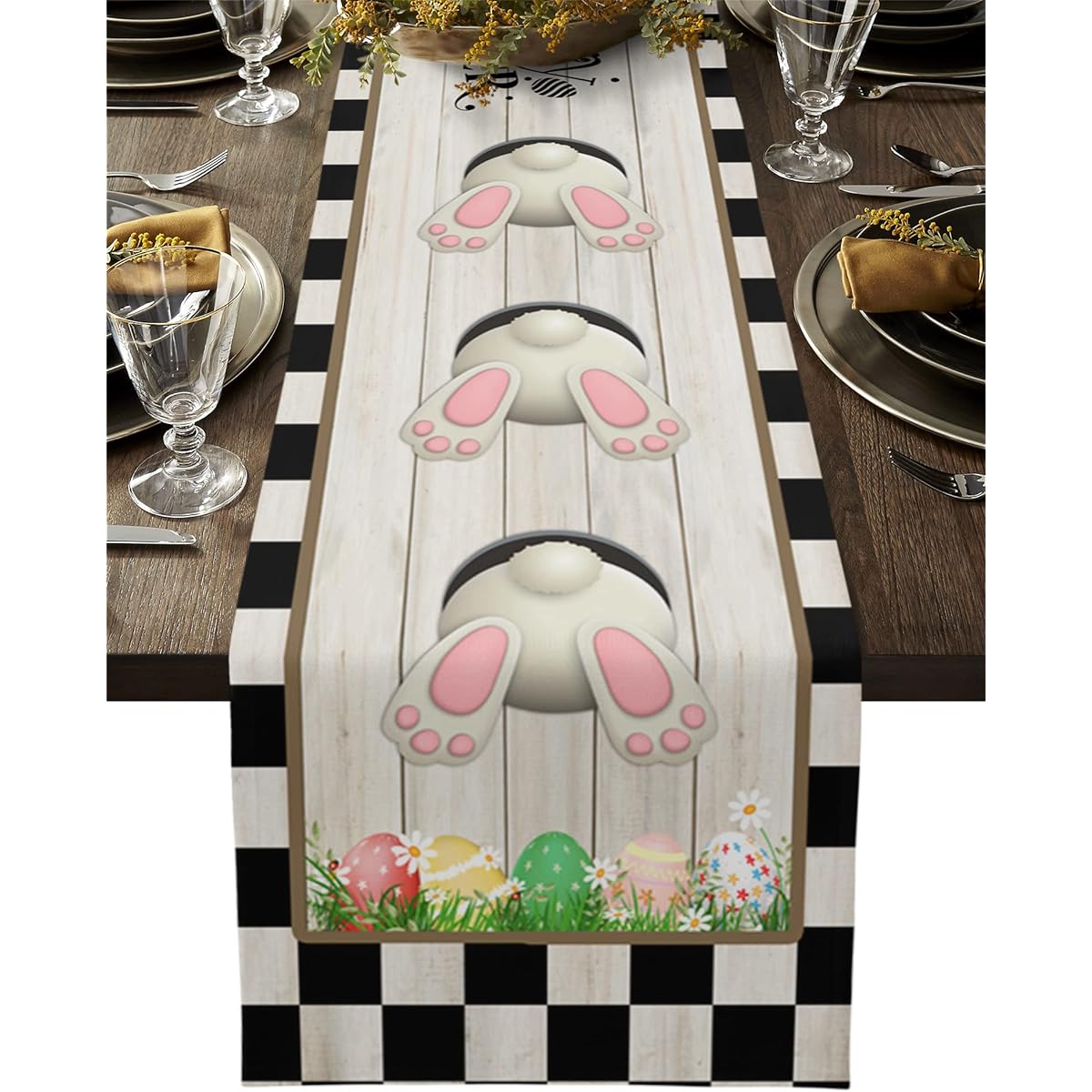 Easter Table Runner Linen Dresser Scarf, Easter Bunny Rabbit Tail Rustic Wood Table Runner Farmhouse Kitchen Dining Spring Picnic Party 13 x 70 Inch, Retro Black White Checkered Border