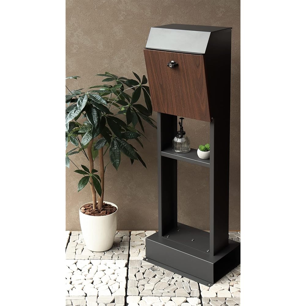 MOJYU Stand Post Fiore Dark Gray/Brown Wood Grain SDM-019 Post Mailbox Mailbox Stylish Mailbox Delivery Box Scandinavian Style with Lock Freestanding Stand High Type Entrance Home Use