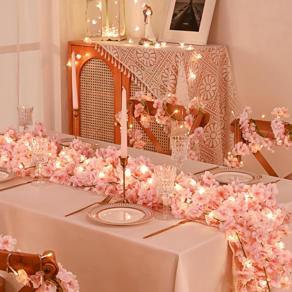 Sunm Boutique 4 Pieces Total 23.6 Feet Artificial Cherry Blossom Flowers Sakura Garland with Fake Lights Silk Flower Garland Vine Plants Home Wedding Party Decoration Pink