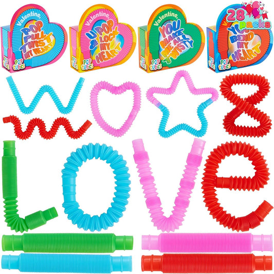28 Pack Valentine's Day Pop Tubes Sensory Toys with Heart Boxes