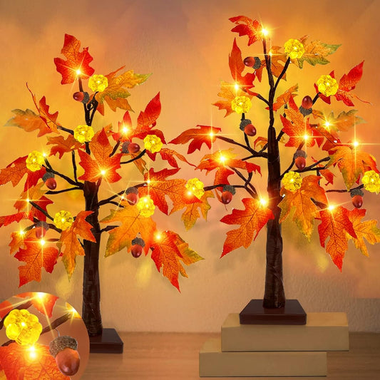 TURNMEON 2 Pack 20 Inch Fall Lighted Maple Tree Decoration with Timer Battery Operated Tabletop Acorn Pumpkin Tree Thanksgiving Decorations Artificial Maple Tree Fall Harvest Home Indoor (Warm White)