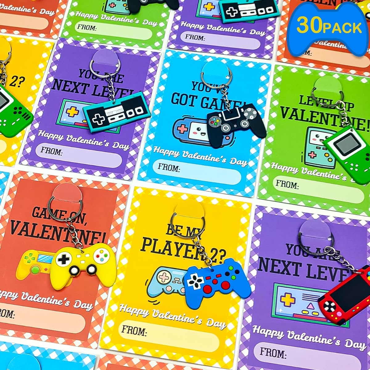 Leetous Valentine's Day Gift Cards for Kids Classroom - 30 Pack Video Game Keychains with Class Exchange Cards for Kids Valentine Goodies Bag Stuffers School Party Favors Giveaways for Boys/Girls