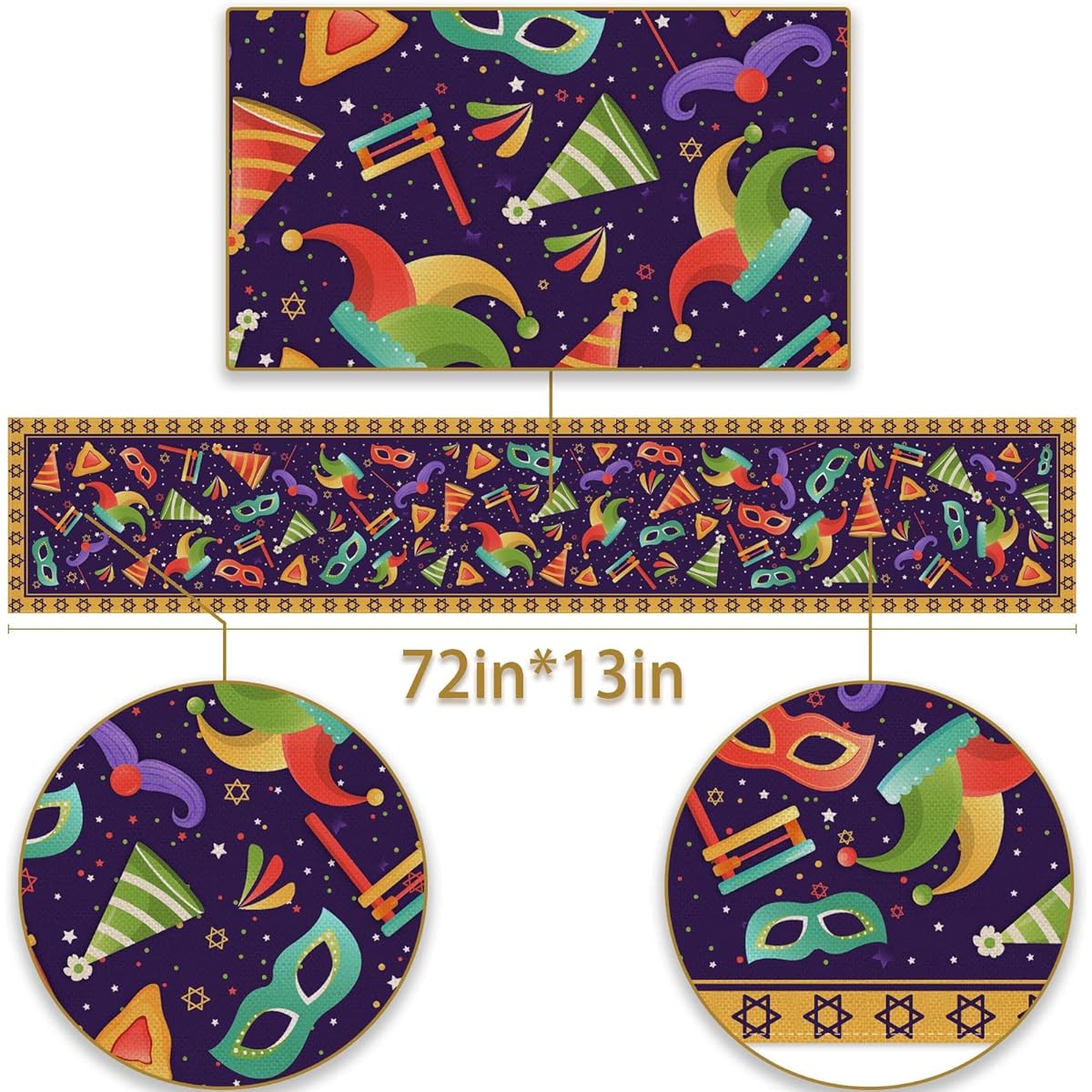 Pudodo Purim Table Runner Jewish Carnival Hamantaschen Gragger Masque Festival Holiday Party Kitchen Dining Home Decoration