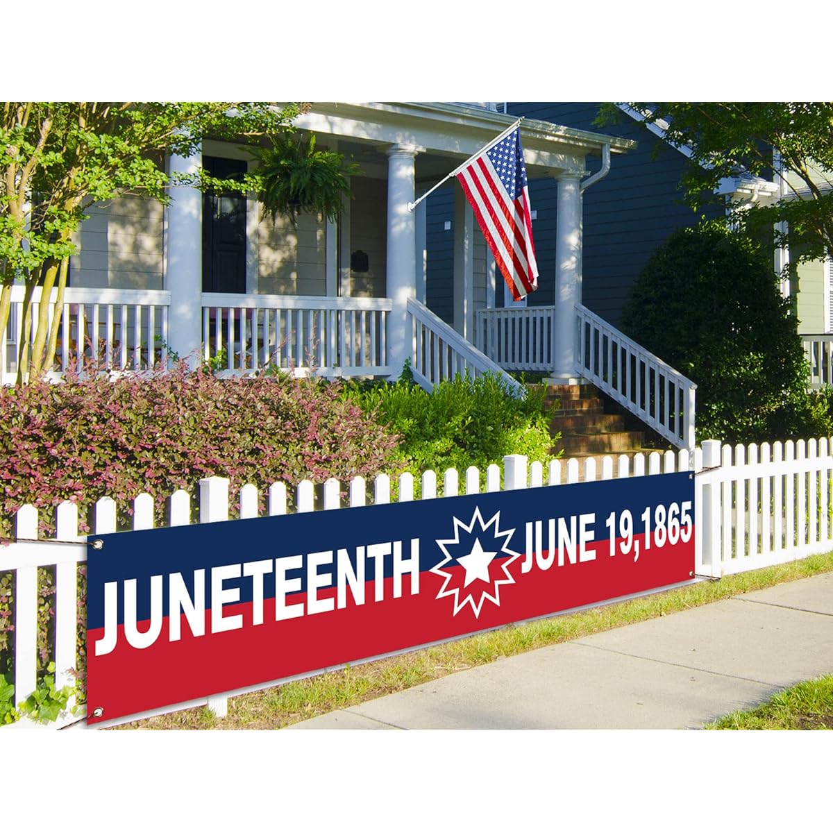 Vohado Juneteenth Fence Banner, Juneteenth Fence Decorations, June 19, 1865, Independence Day Hanging Sign Banner, African Afro-American Festival Welcome Porch Sign, Party Holiday Yard Sign, Blue Red Stripes