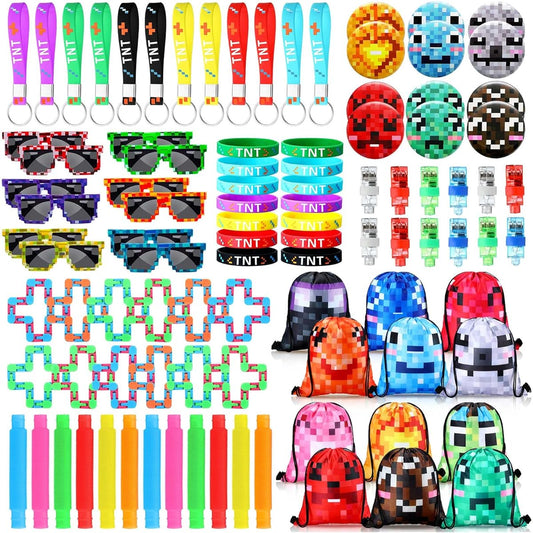 96 Pieces Pixelated Miner Party Favors Pixel Birthday Party Supplies with Keychains Bracelets Button Pins Sunglasses Drawstring Bags Tubes Sensory Toys Wacky Trucks Finger Lights for Girls and Boys
