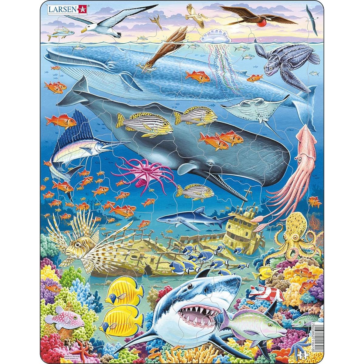 Larsen Puzzles Whale Reef Educational Jigsaw Puzzle - 66 Piece Tray & Frame Style Puzzle - Luxury Premium Handmade Puzzle - Imported from Norway