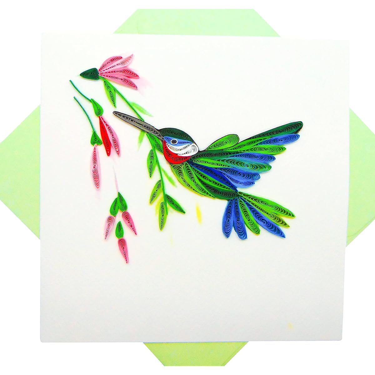 Hummingbird and Flower Quilted Card 3D Unique Exclusive Handmade Design Greeting Cards for Birthday Valentine's Day Mother's Day Spring Father's Day Graduation Wedding Anniversary Thank You Appreciation Any Occasion 6" x 6"
