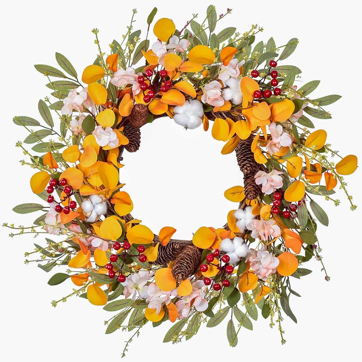 Lvydec 20" Blossom Silk Fall Wreath - Front Door Wreath with Hydrangea Flowers, Cotton Bolts, Pine Cones, Berries, Eucalyptus, Olive Leaves for Fall and Thanksgiving Decorations