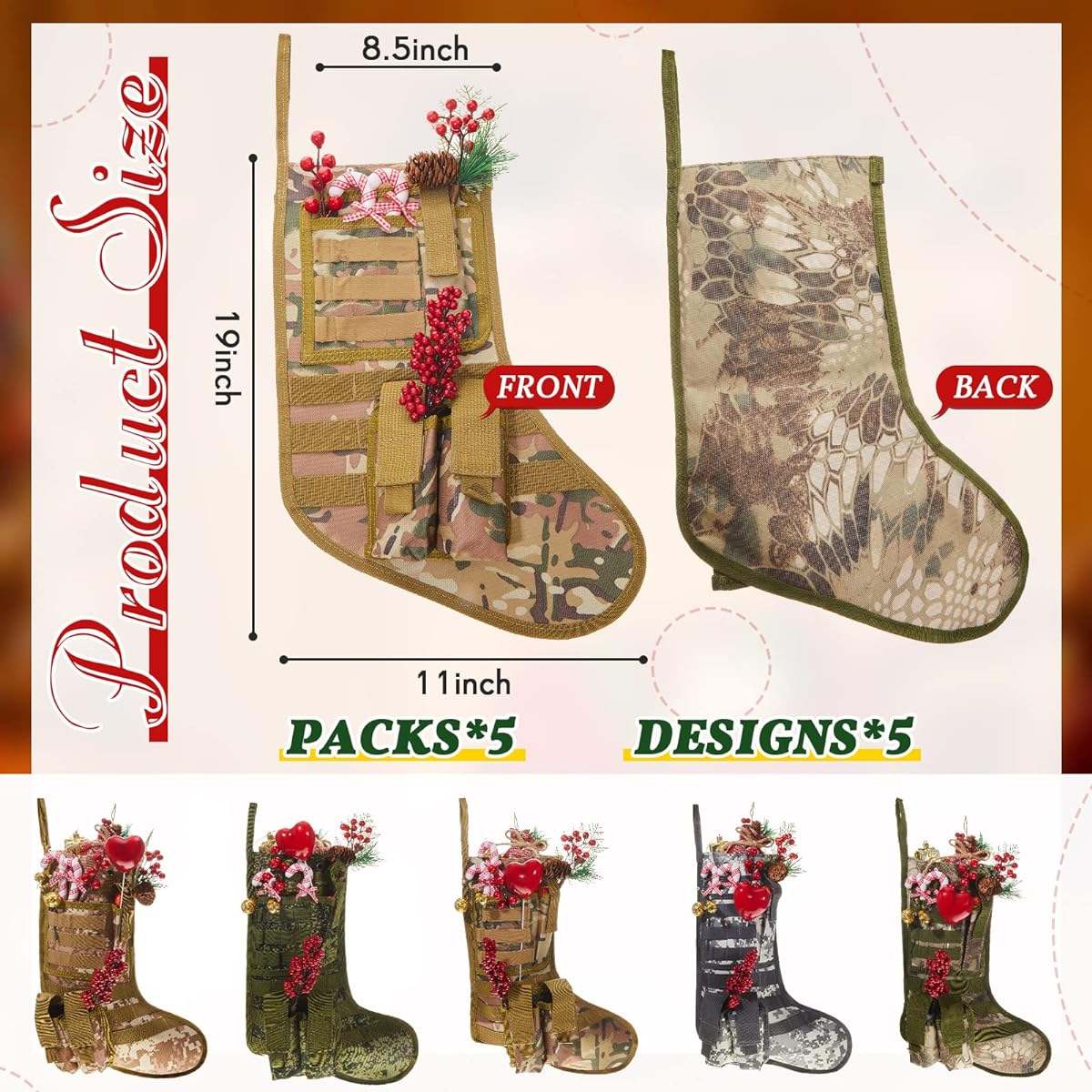 Tactical Christmas Stockings Military Christmas Stocking Bag Camouflage Tactical Stockings Men Boys Christmas Stockings Tree Hanging Christmas Ornaments Gear Pouch for Veterans Soldiers Recruits