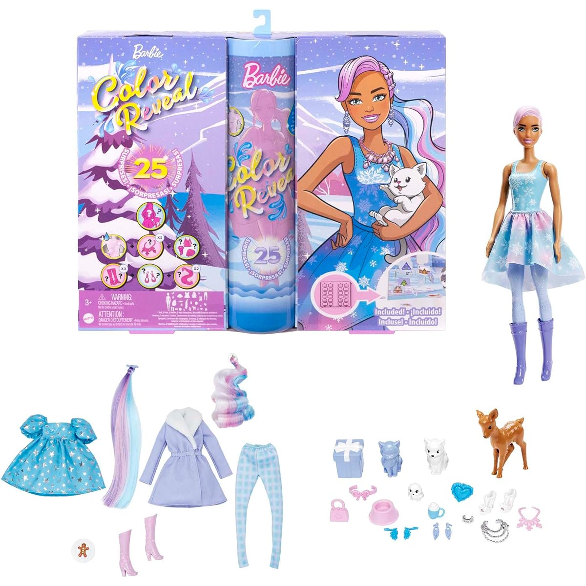 Barbie Color Reveal Advent Calendar, 1 Color Reveal Doll & 3 Pets, Clothes, Accessories & 2 Hair Extensions, 25 Surprises, Holiday Gifts for Kids