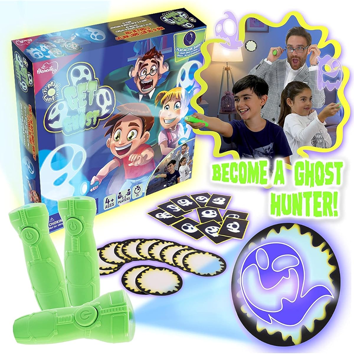 MEMENTO Kids Get The Ghost Adventure Card Game - Capture Glow in the Dark Ghosts - Special Magic Torch - Speed, Skill and Agility - 10 Ghost Characters - 2-3 Players - Ages 4+
