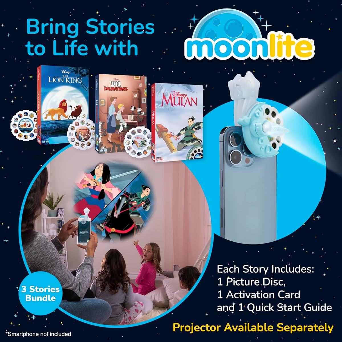 Moonlite Storytime Storybook Reel 3 Story Set Lion King, 101 Dalmatians, Mulan, Digital Stories for Projector, Early Learning Gifts for Toddlers Ages 1+