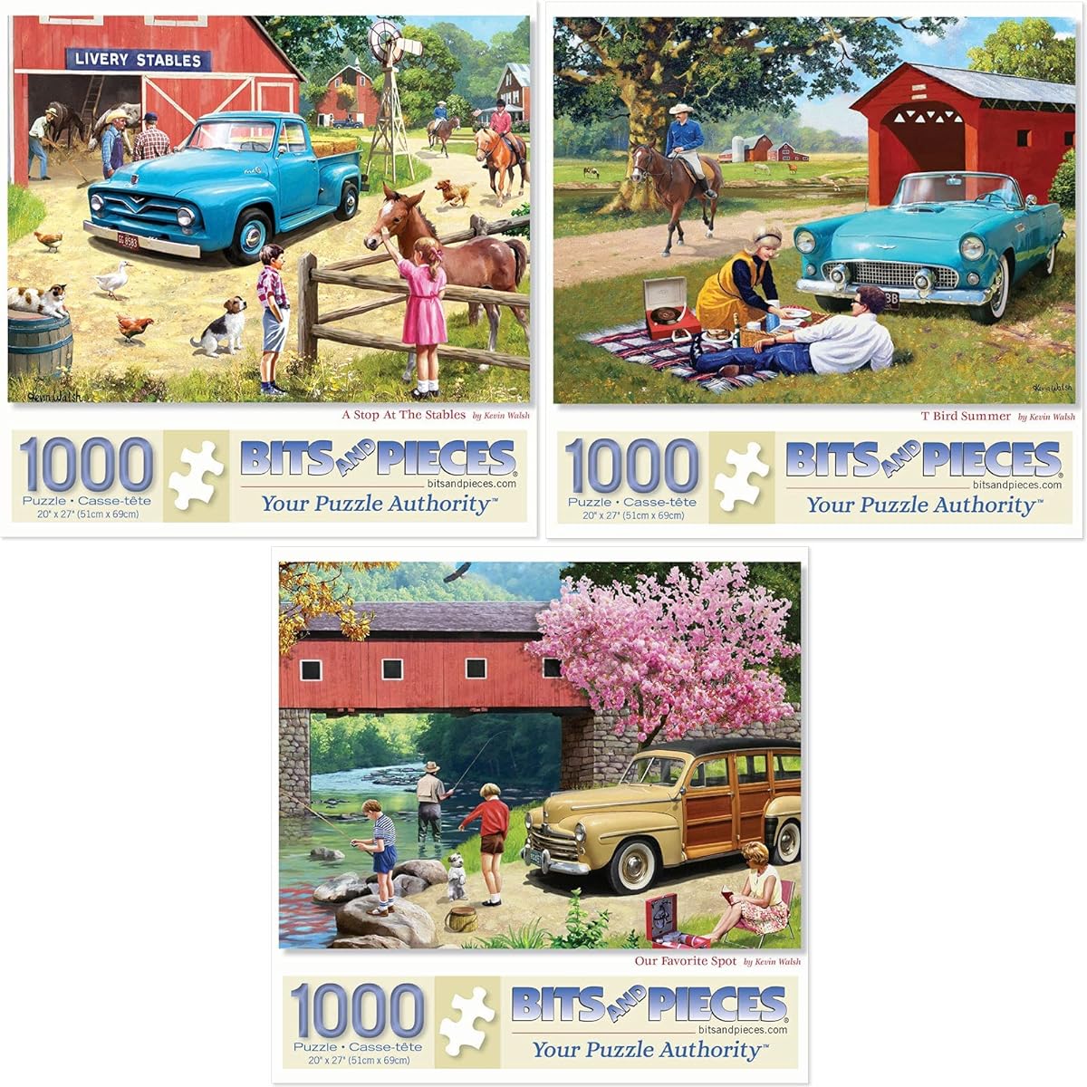 Bits and Pieces - Set of 3 1000 Piece Jigsaw Puzzles for Adults - Puzzle Measures 20" x 27" - 1000 Pieces A Stop at The Stables, T Bird Summer Our Favorite Spot Jigsaw Artist Kevin Walsh