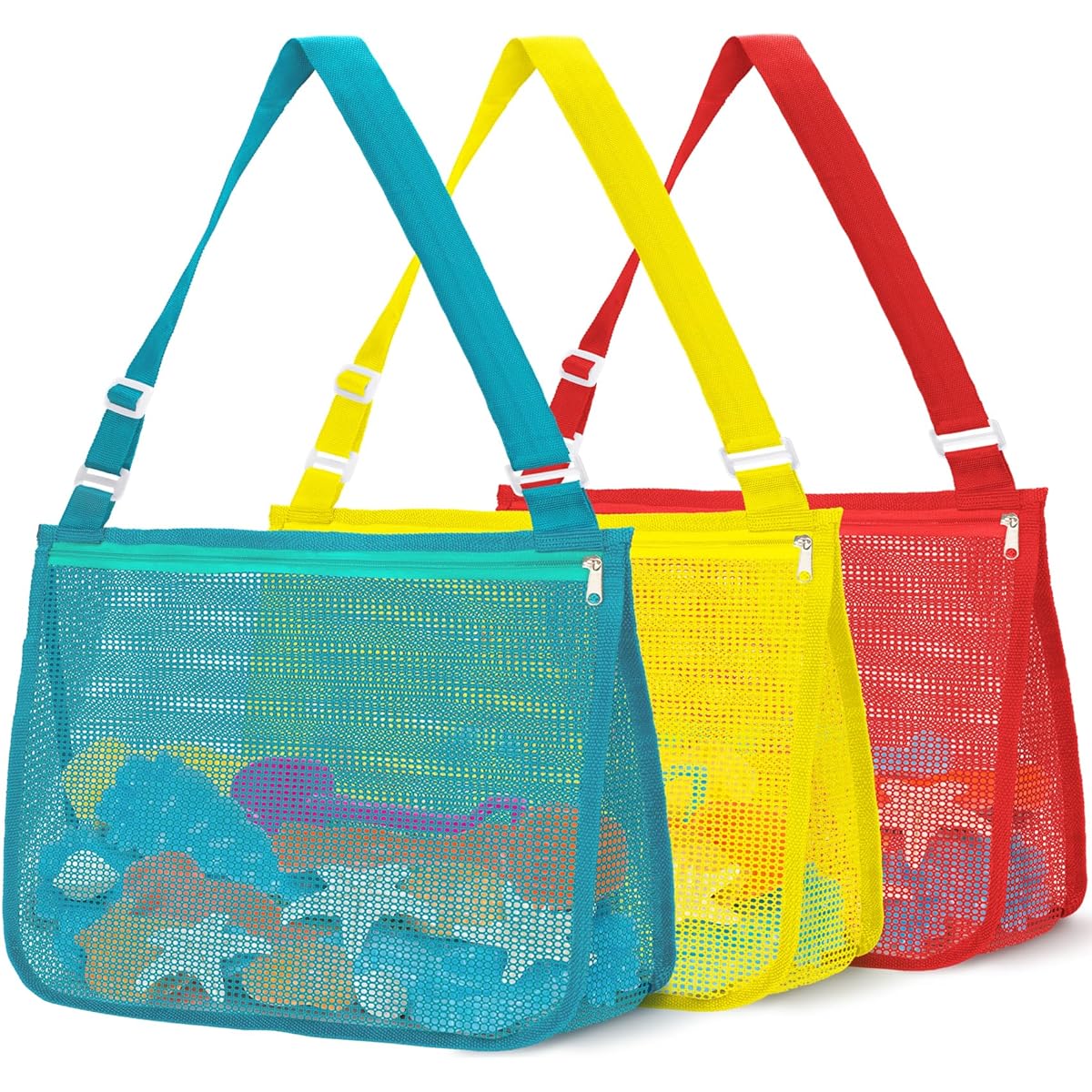 Mesh bag for storing beach shells, beach toys and sand toys.