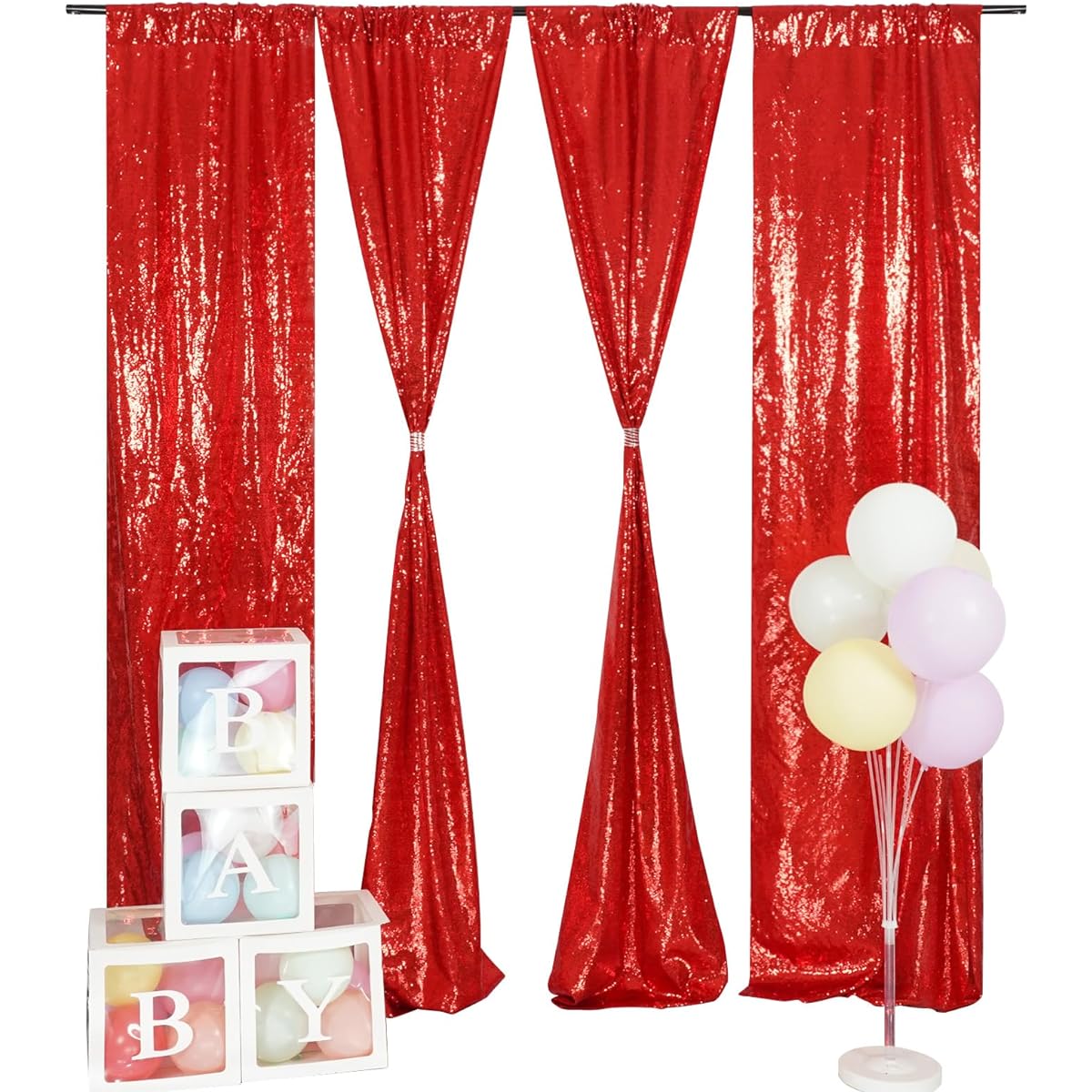 SquarePie Sequin Backdrop Curtain Red 2ft x 8ft 4 Pieces Glitter Wedding Party Backdrop