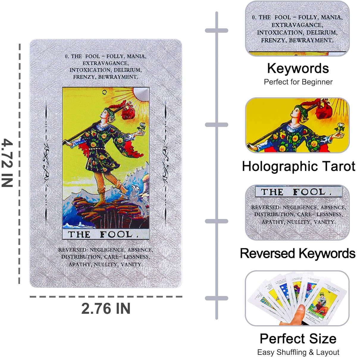 Tarot Cards for Beginners, 78 Tarot Deck with Meanings, Guidebook Included, Plastic Waterproof Holographic Tarot Cards with Keywords, Unique Luxury Gift for Divination (Silver)