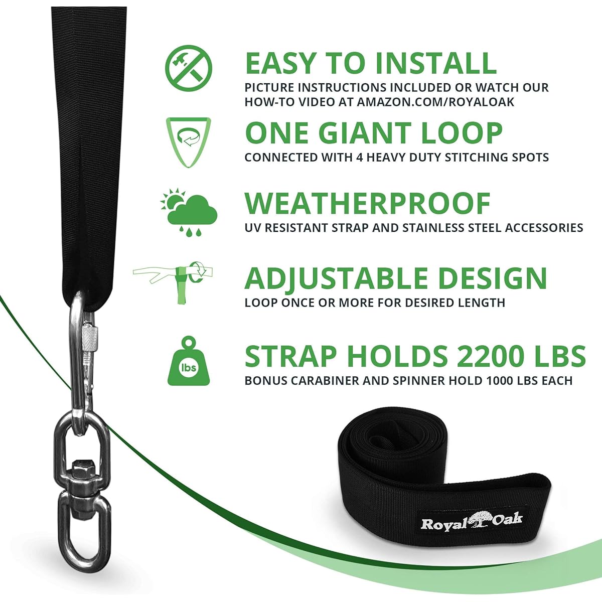 EASY HANG (1.2m) TREE SWING STRAP KIT - Holds 2000kg. - 2 Heavy Duty Carabiners - Bonus Spinner - Perfect for Hammocks and Swings - 100% Waterproof - Easy Picture Instructions - Carry Bag Included ...