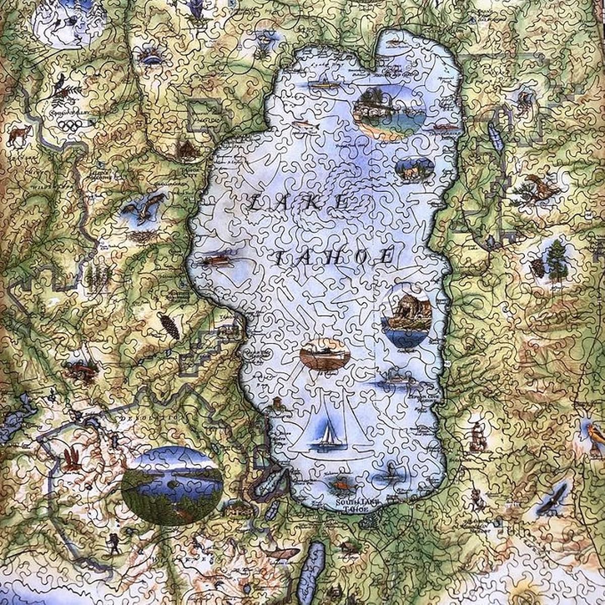 Lake Tahoe Map Cardboard Jigsaw Puzzle - 1000 Piece Hand-Painted - Educational Family Activity for Ages 7 and Up with Poster - 25.4 x 19.8 inches