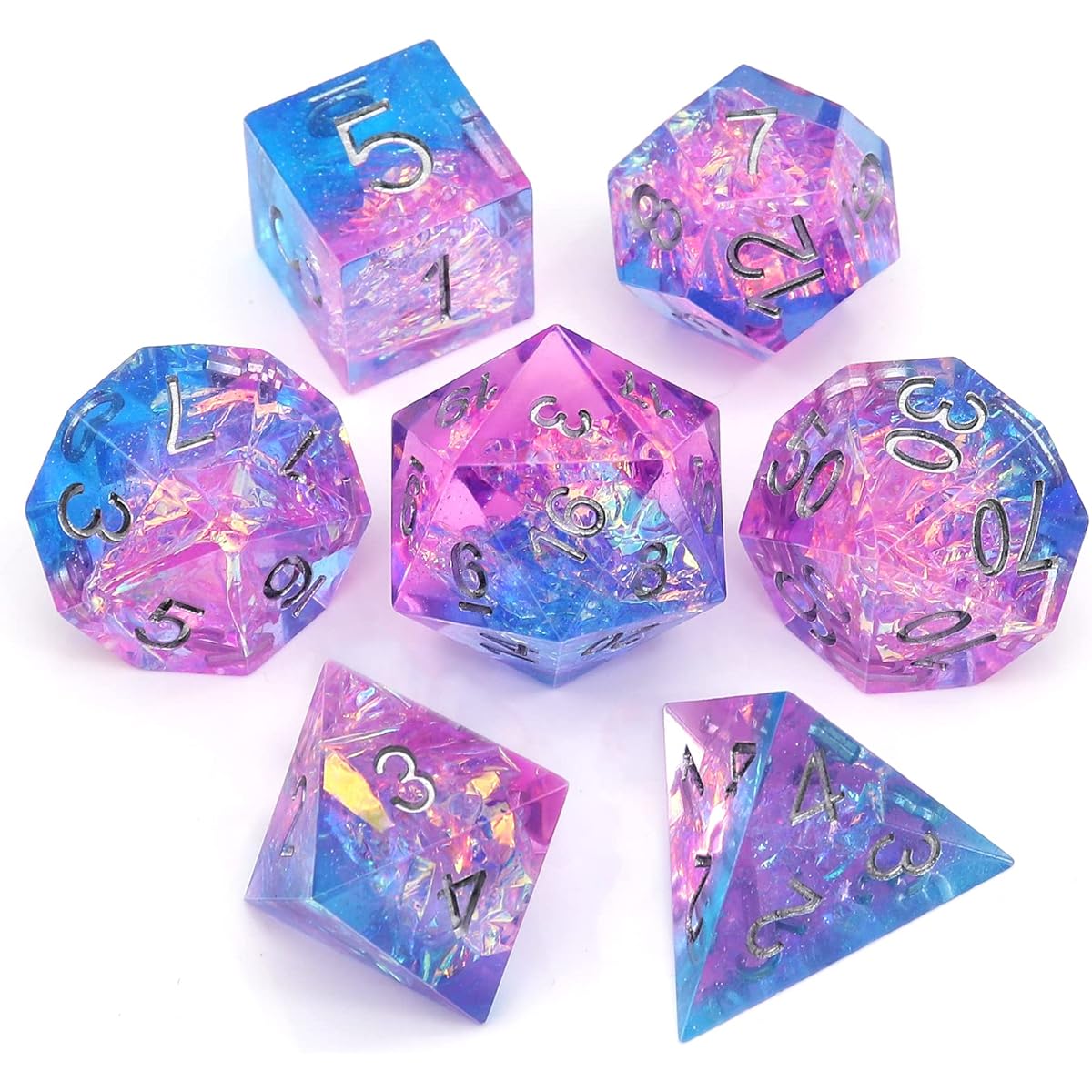 Haxtec Sparkling Sharp Edge Dice Set - Handmade Resin DND Dice with Iridescent Mylar Inclusions - Light Purple and Blue Color Mix - Fascinating Stardust.