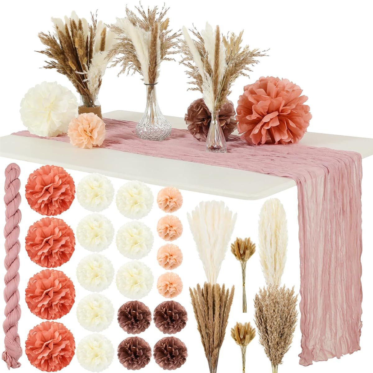 XunYee Boho Table Decorations Set, 131pcs Dried Pampas Grass Bouquet, Tissue Paper Pom Poms, Dusty Pink Cheesecloth Table Runner for Rustic Farmhouse Party, Wedding, Baby Shower, Bridal Shower