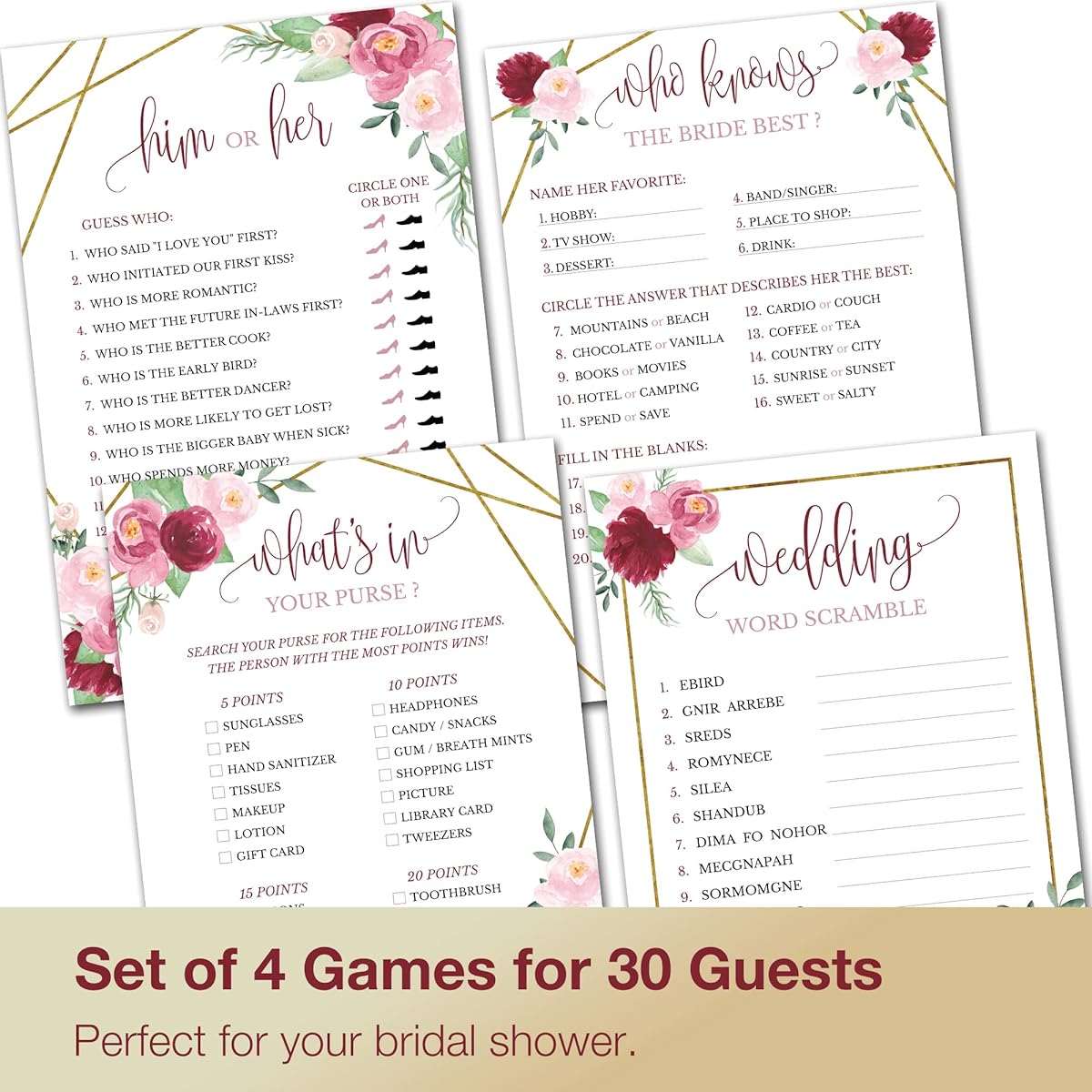Bridal Shower Game - Set of 4 for 30 people - Double-sided cards - Wedding Shower Game - Rose Gold